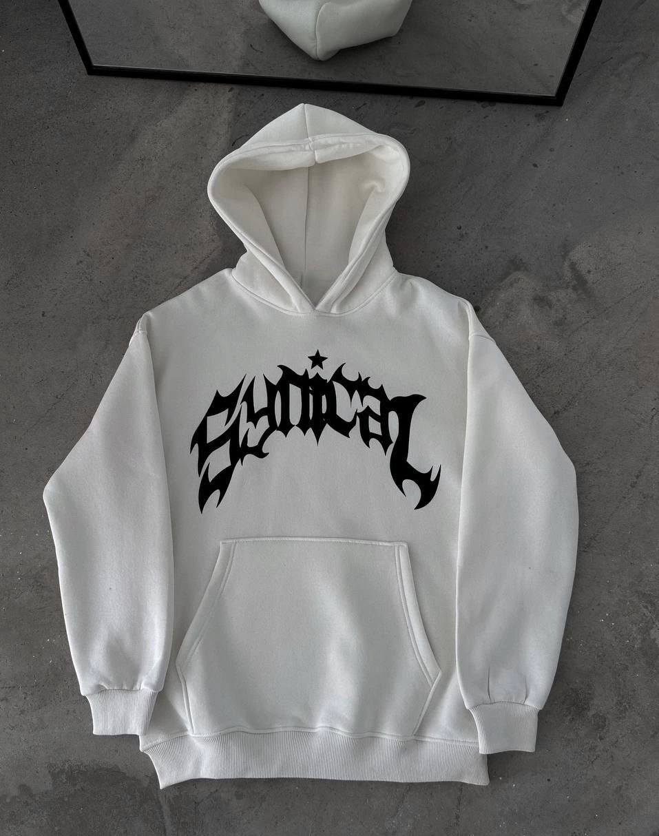Erkek üç iplik pamuklu Kışlık Kapüşonlu Baskılı Oversize SweatShirt- Beyaz