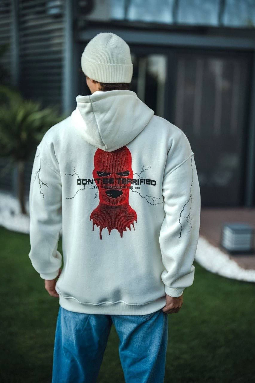 Erkek Üç İplik Kapüşonlu Baskılı Oversize SweatShirt- Beyaz