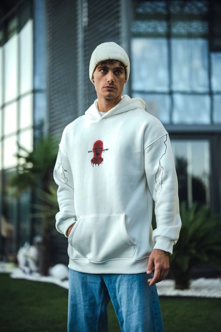 Erkek Üç İplik Kapüşonlu Baskılı Oversize SweatShirt- Beyaz