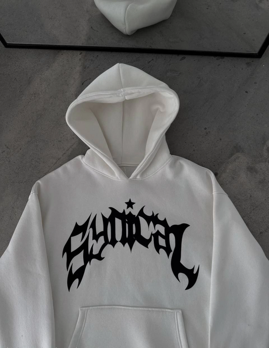 Kadın  Üç İplik Kapüşonlu Baskılı Oversize SweatShirt- Beyaz