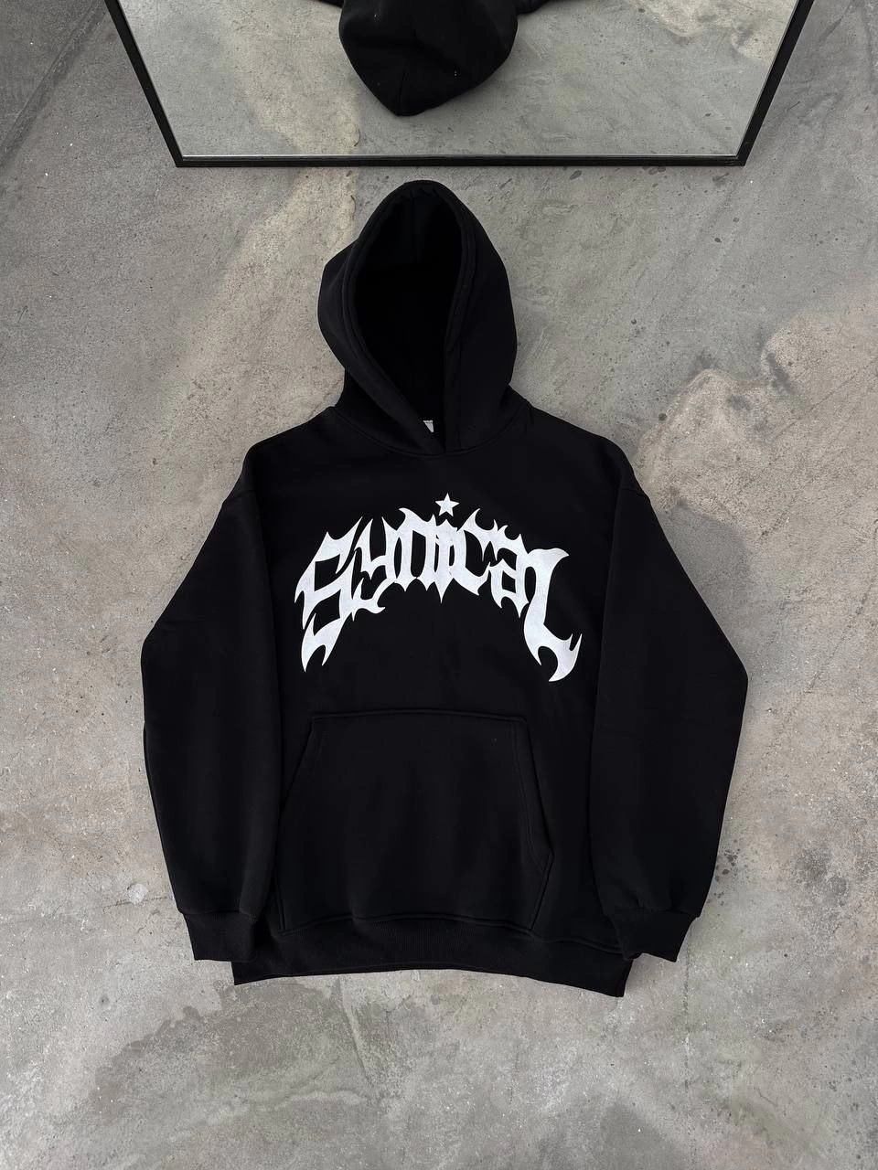 Erkek üç iplik pamuklu Kışlık Kapüşonlu Baskılı Oversize SweatShirt- Siyah