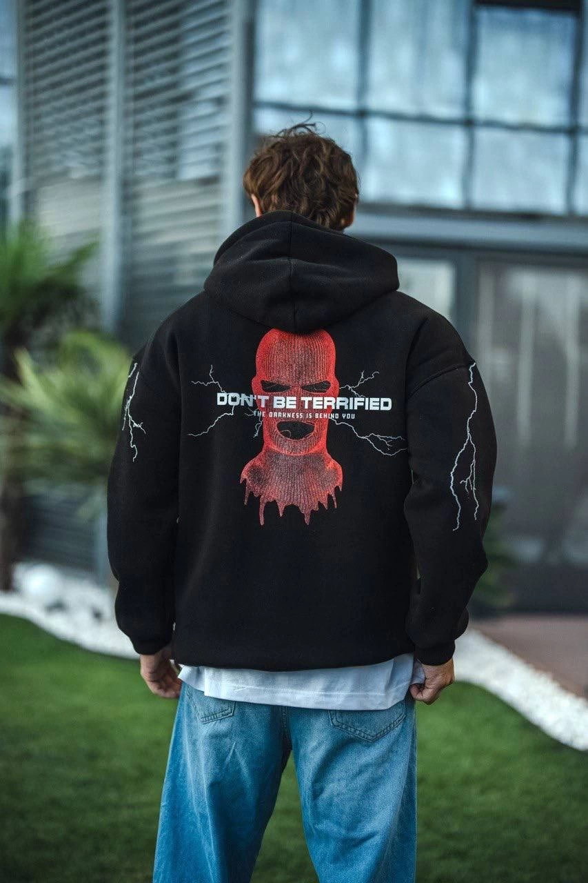 Erkek Üç İplik Kapüşonlu Baskılı Oversize SweatShirt- Siyah