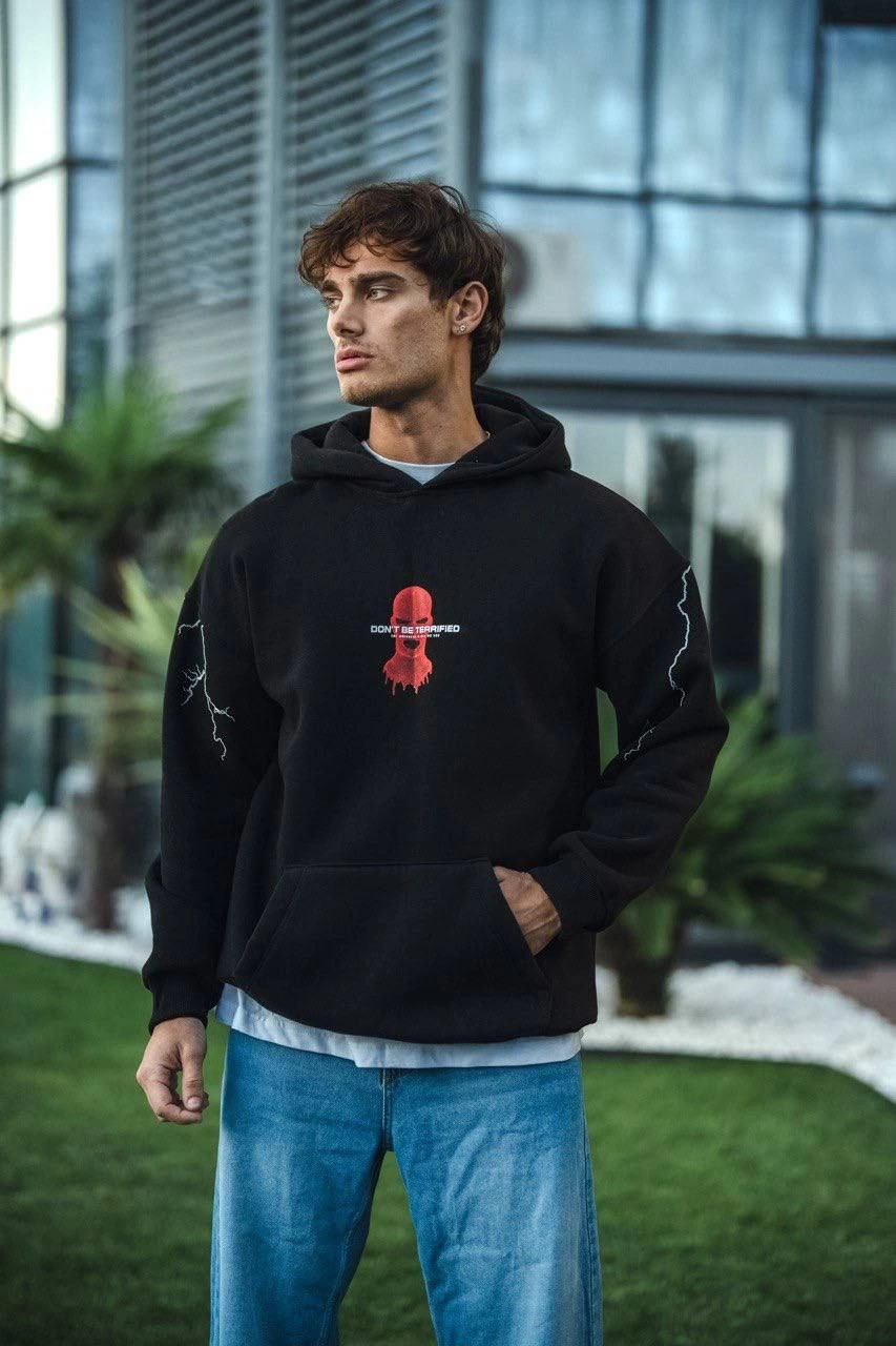 Erkek Üç İplik Kapüşonlu Baskılı Oversize SweatShirt- Siyah