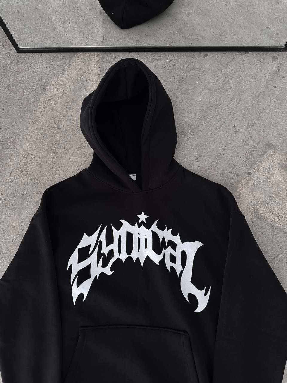 Erkek üç iplik pamuklu Kışlık Kapüşonlu Baskılı Oversize SweatShirt- Siyah