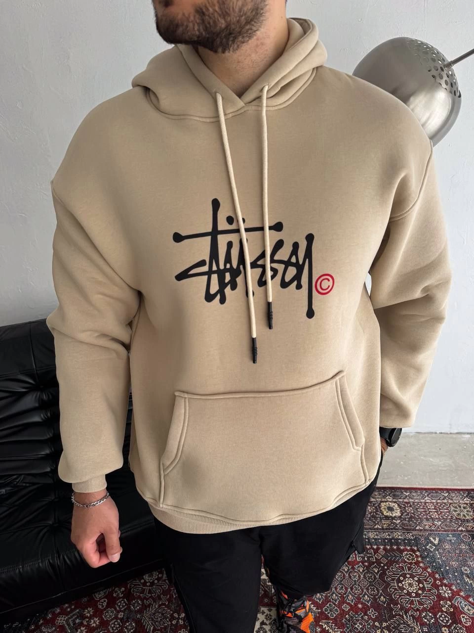 Erkek Üç İplik Kapşonlu Baskılı SweatShirt - Bej