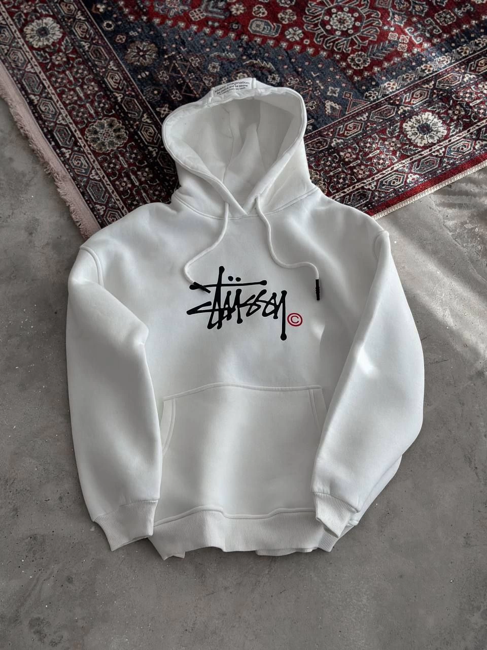 Erkek Üç İplik Kapşonlu Baskılı SweatShirt - Beyaz