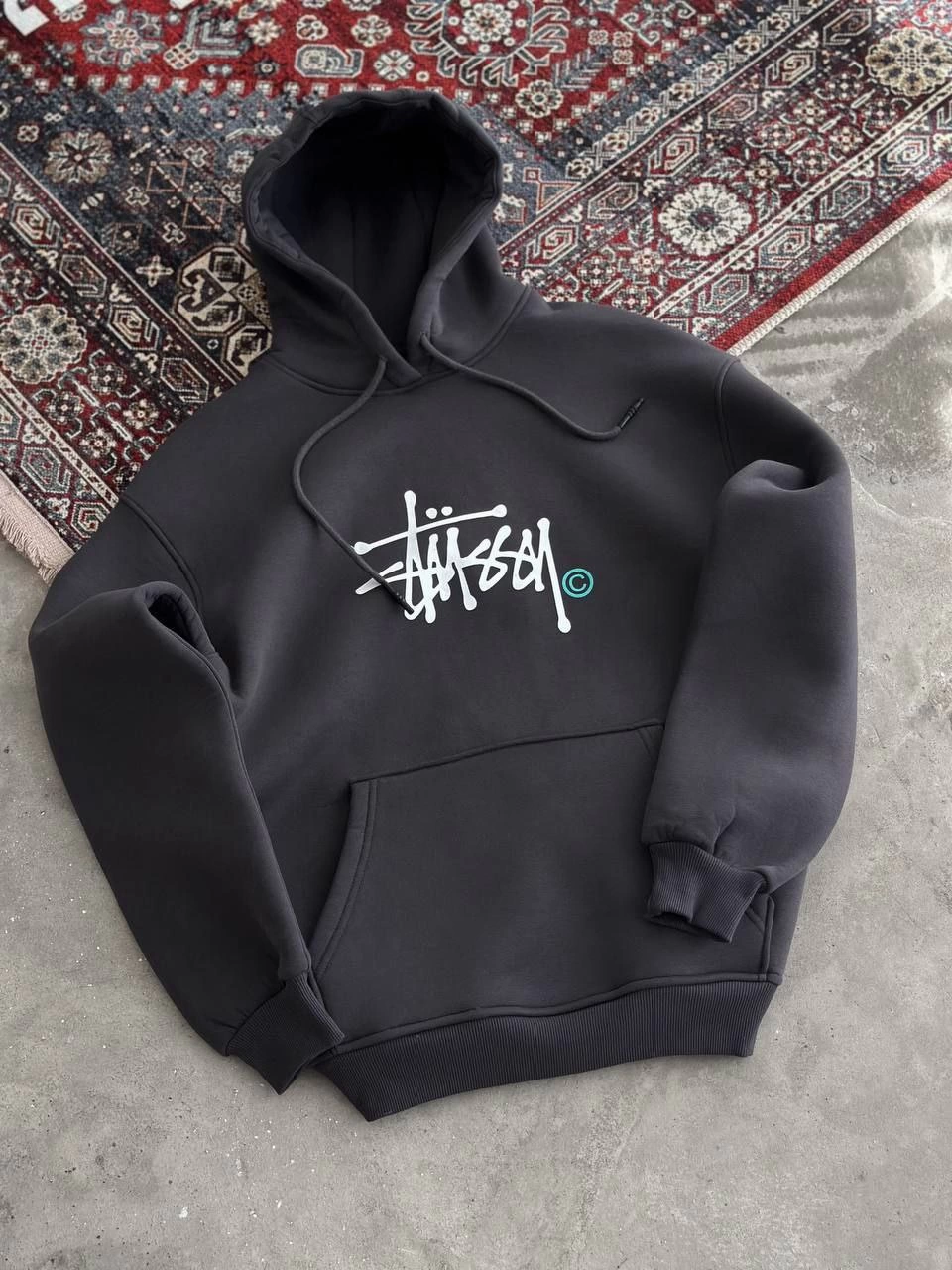 Erkek Üç İplik Kapşonlu Baskılı SweatShirt - Füme