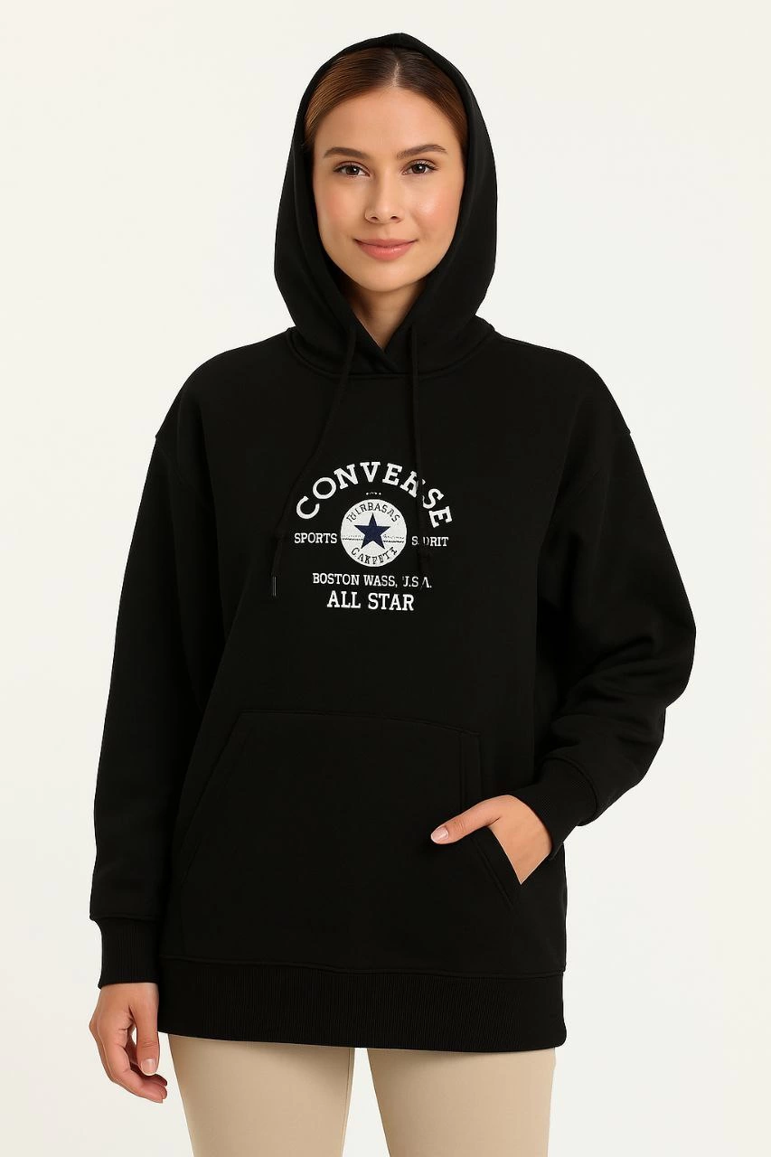 Kadın Kapüşonlu Kanguru Cepli Sweatshirt 3 İplik Pamuklu Baskılı Hoodie - Siyah