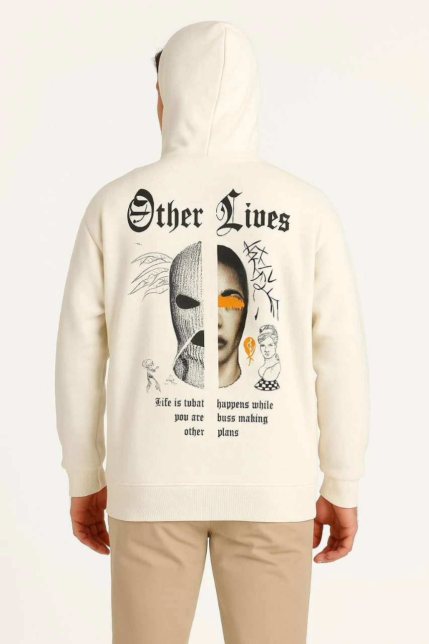 Erkek Kapşonlu Sweatshirt Oversize Üç İplik Şardonlu Other Lives Ön Arka Baskılı - Beyaz