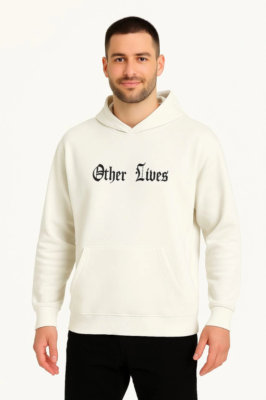 Erkek Kapşonlu Sweatshirt Oversize Üç İplik Şardonlu Other Lives Ön Arka Baskılı - Beyaz