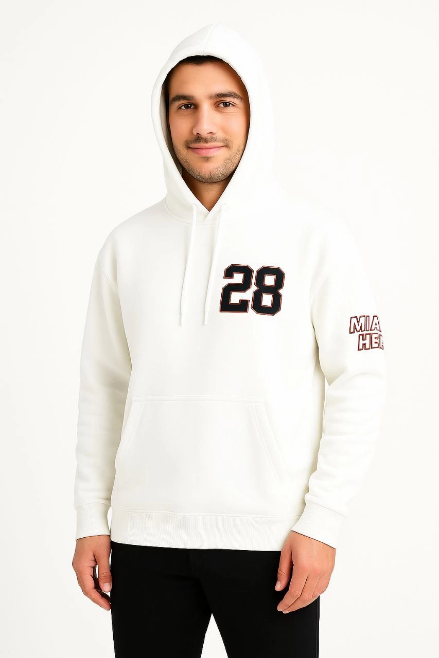 Erkek Kapşonlu Sweatshirt Üç İplik Şardonlu Oversize Fit Ön Arka Baskılı Kanguru - Beyaz