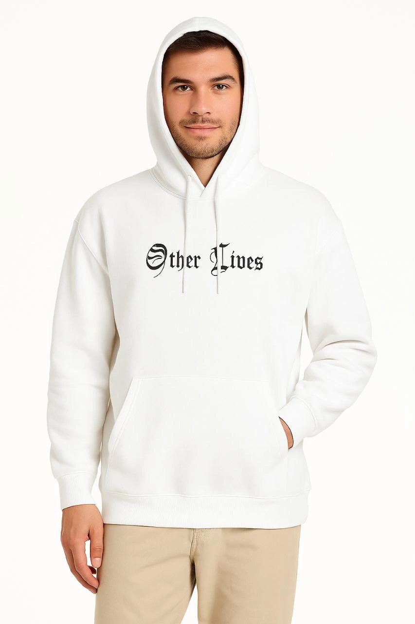Erkek Kapşonlu Sweatshirt Oversize Üç İplik Şardonlu Other Lives Ön Arka Baskılı - Beyaz