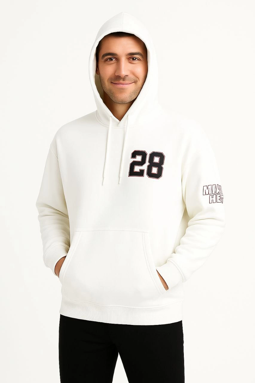 Erkek Kapşonlu Sweatshirt Üç İplik Şardonlu Oversize Fit Ön Arka Baskılı Kanguru - Beyaz