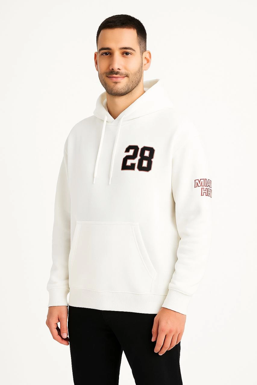 Erkek Kapşonlu Sweatshirt Üç İplik Şardonlu Oversize Fit Ön Arka Baskılı Kanguru - Beyaz
