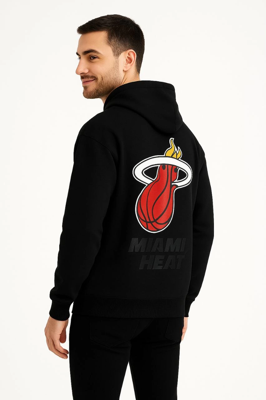 Erkek Kapşonlu Sweatshirt Üç İplik Şardonlu Oversize Fit Ön Arka Baskılı Kanguru - Siyah