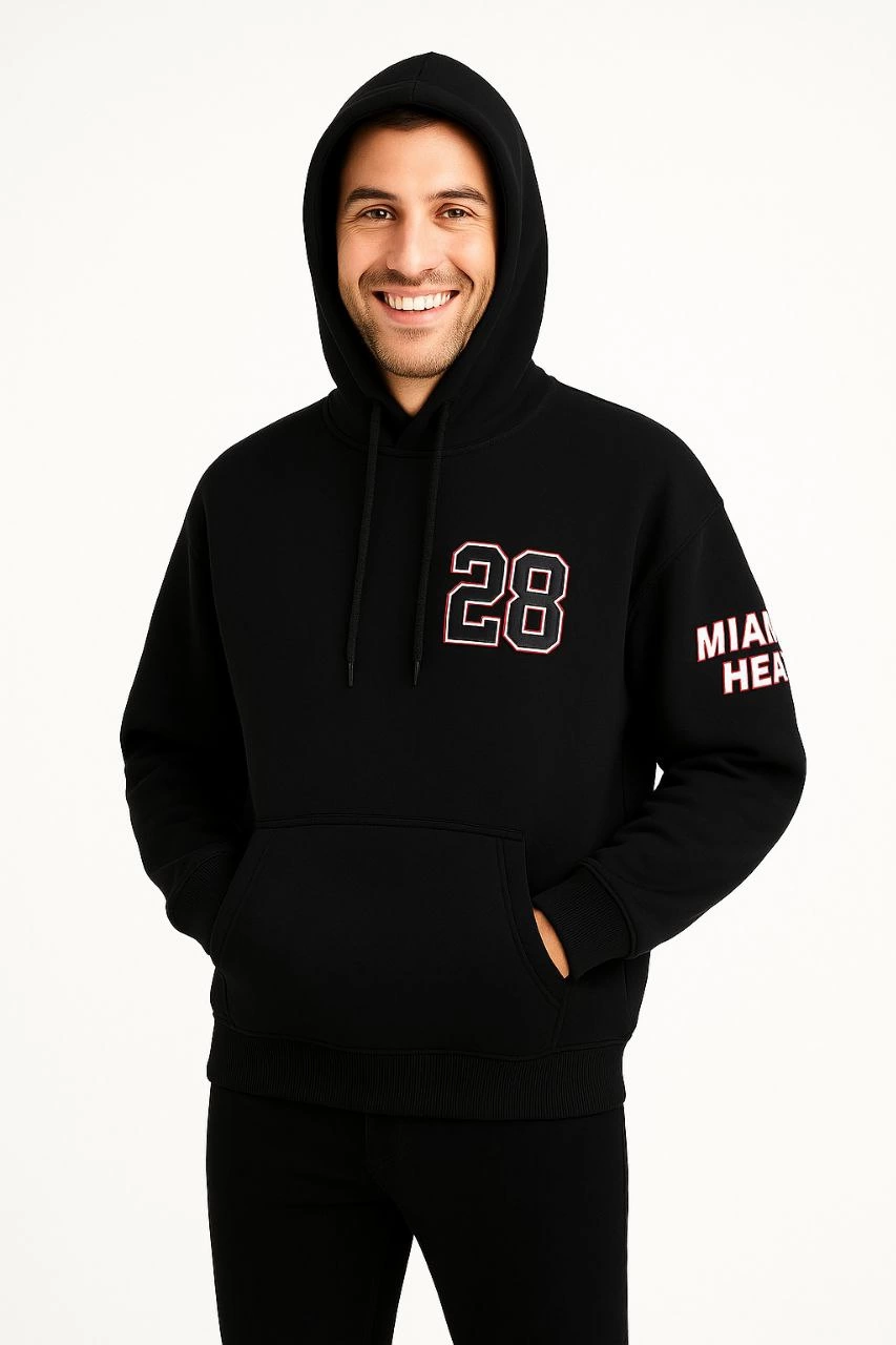 Erkek Kapşonlu Sweatshirt Üç İplik Şardonlu Oversize Fit Ön Arka Baskılı Kanguru - Siyah