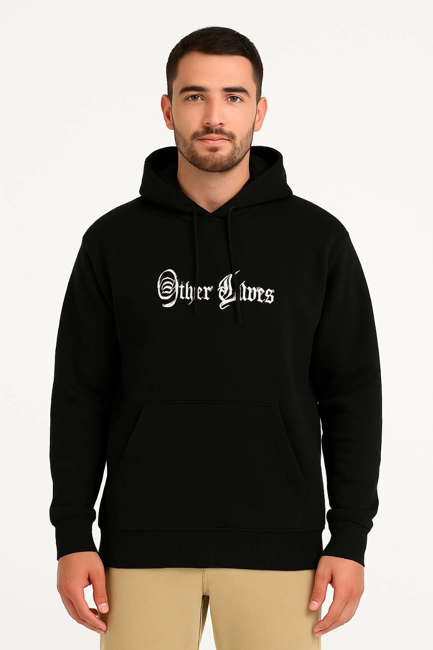 Erkek Kapşonlu Sweatshirt Oversize Üç İplik Şardonlu Other Lives Ön Arka Baskılı - Siyah