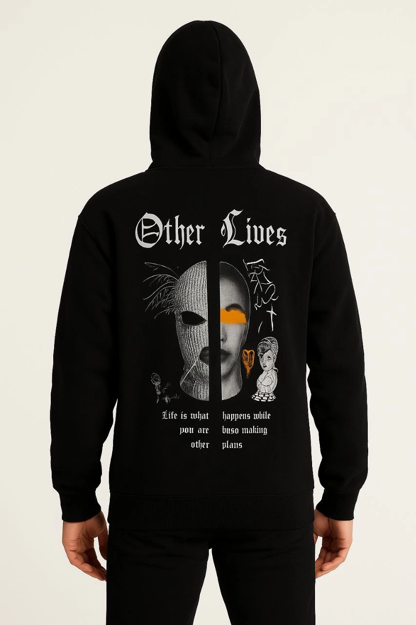 Erkek Kapşonlu Sweatshirt Oversize Üç İplik Şardonlu Other Lives Ön Arka Baskılı - Siyah