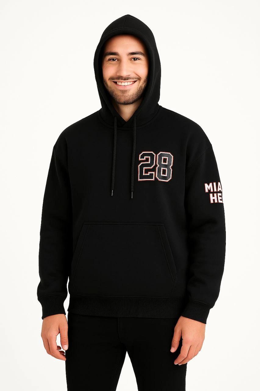 Erkek Kapşonlu Sweatshirt Üç İplik Şardonlu Oversize Fit Ön Arka Baskılı Kanguru - Siyah