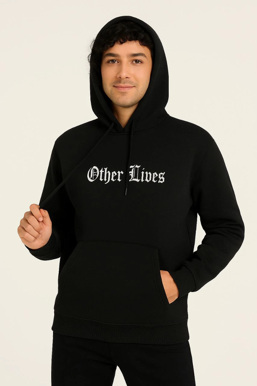 Erkek Kapşonlu Sweatshirt Oversize Üç İplik Şardonlu Other Lives Ön Arka Baskılı - Siyah