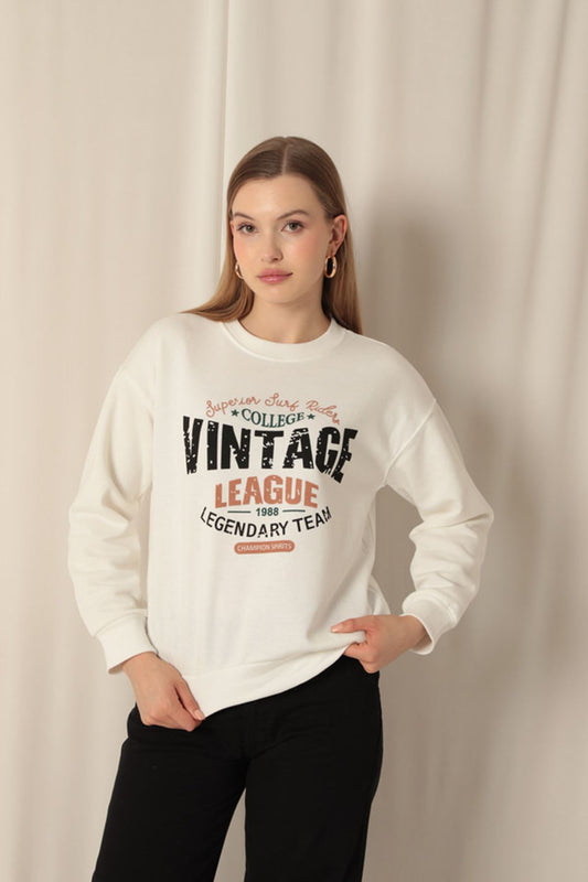 Üç İplik Kumaş Vintage Baskılı Kadın Ekru Sweat