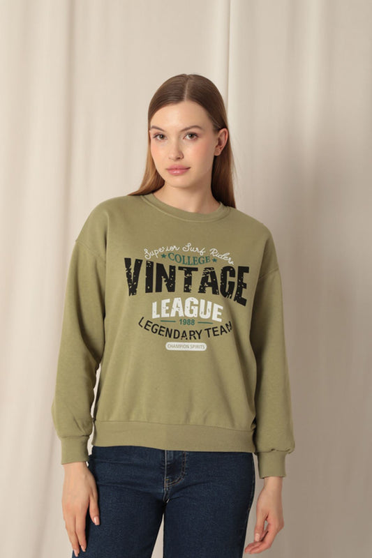 Üç İplik Kumaş Vintage Baskılı Kadın Haki Sweat