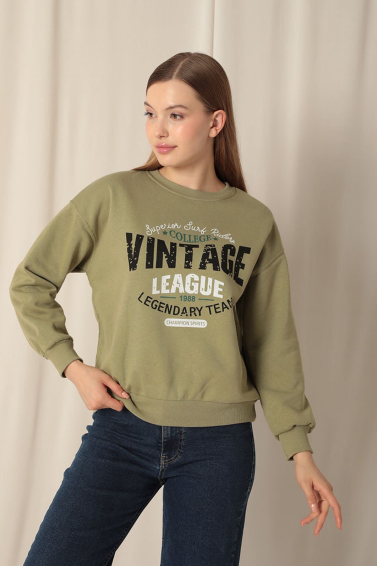 Üç İplik Kumaş Vintage Baskılı Kadın Haki Sweat