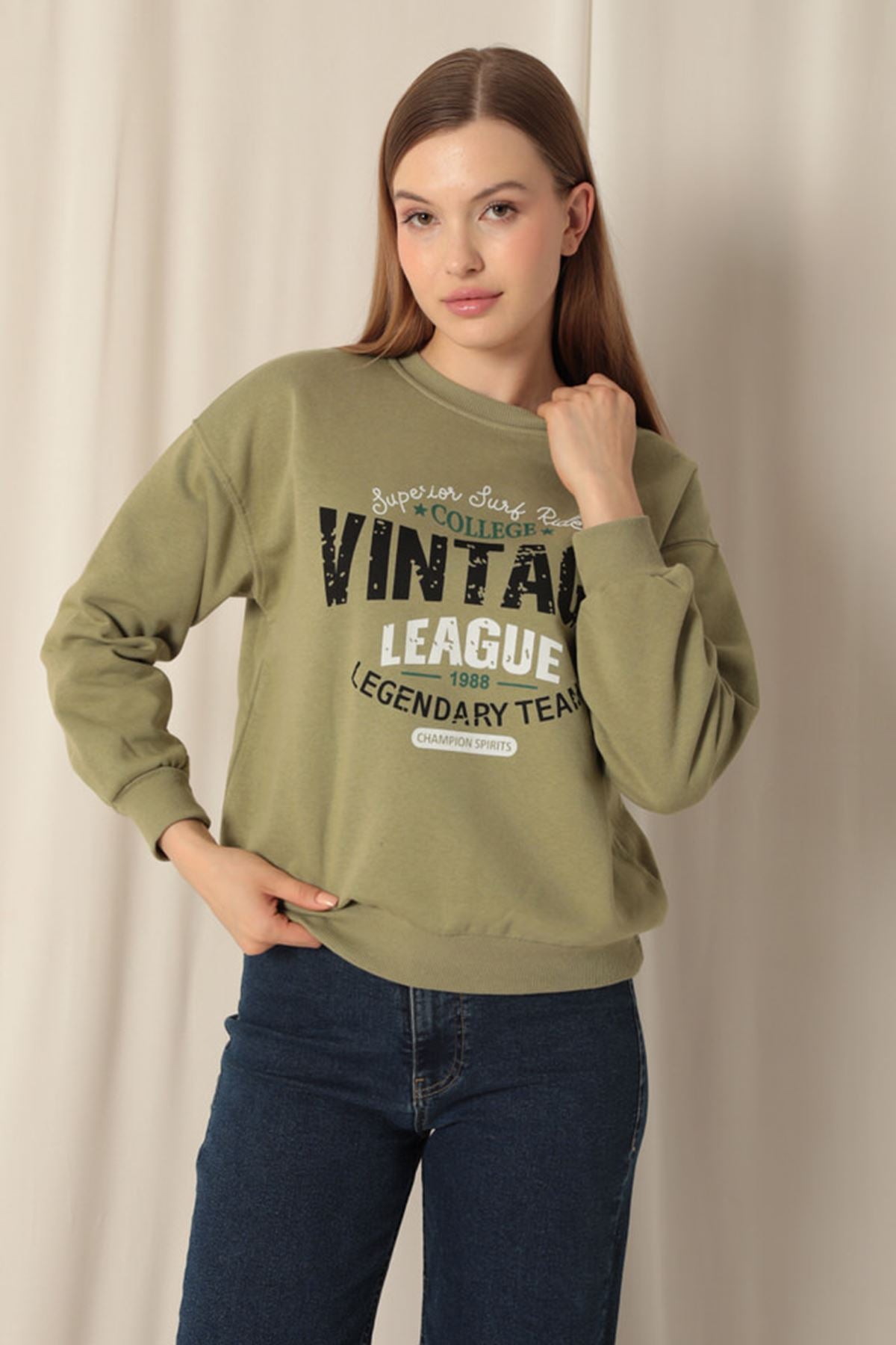 Üç İplik Kumaş Vintage Baskılı Kadın Haki Sweat