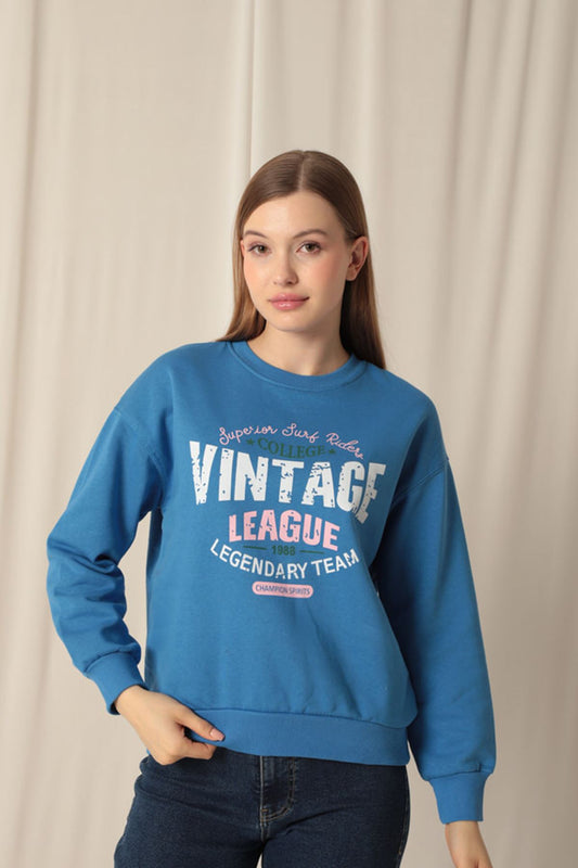 Üç İplik Kumaş Vintage Baskılı Kadın Mavi Sweat