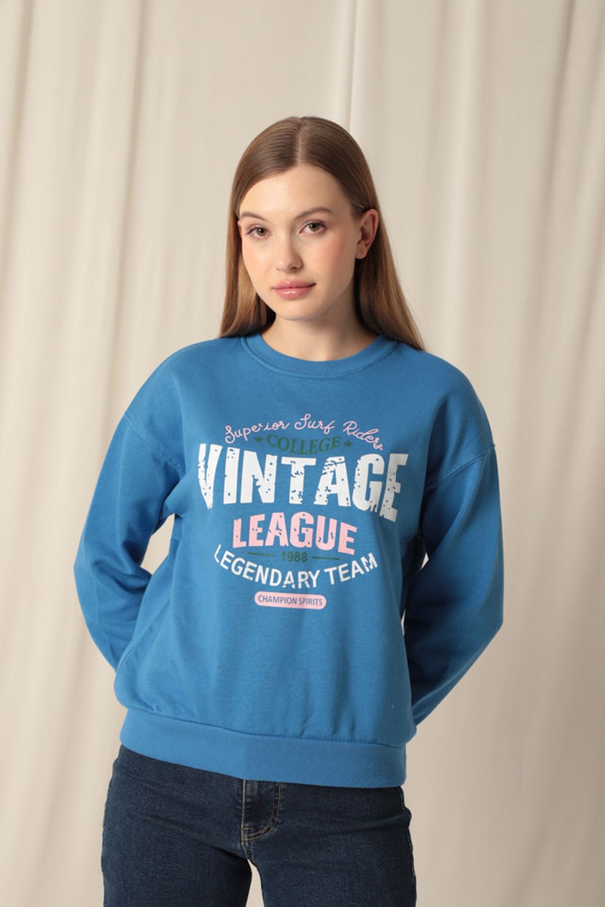 Üç İplik Kumaş Vintage Baskılı Kadın Mavi Sweat