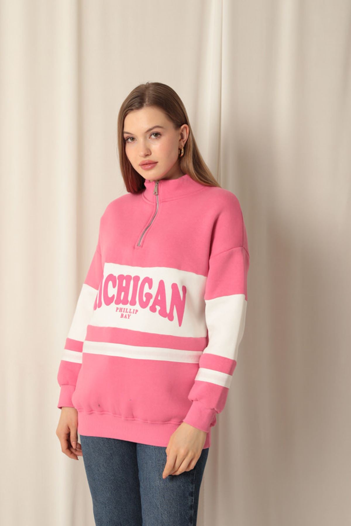 Üç İplik Michigan Baskılı Fermuarlı Kadın Pembe Sweat