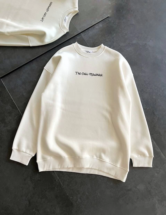Kadın 3 İplik Pamuklu Bisiklet Yaka Baskılı SweatShirt - Beyaz