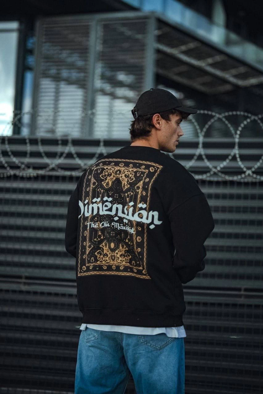 Erkek 3 iplik Pamuklu Bisiklet Yaka Baskılı SweatShirt - Siyah