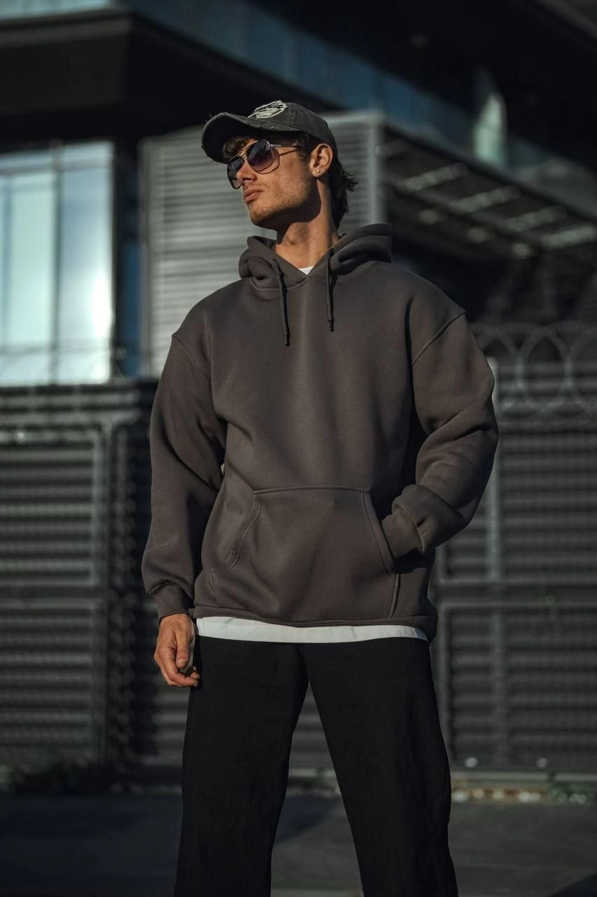 Erkek Üç İplik Penye Kapşonlu Basic SweatShirt - Füme