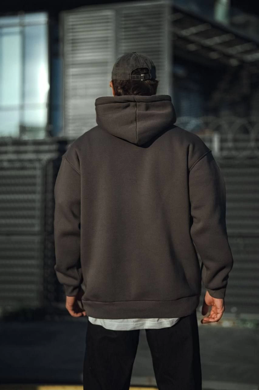 Erkek Üç İplik Penye Kapşonlu Basic SweatShirt - Füme