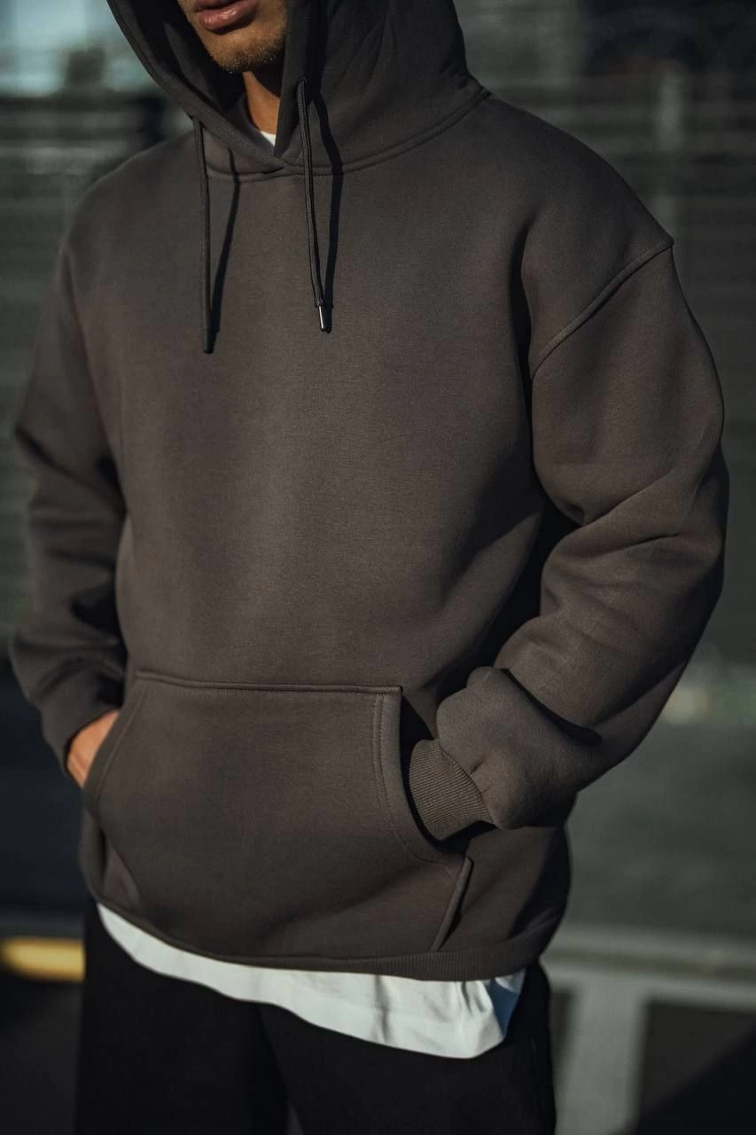 Erkek Üç İplik Penye Kapşonlu Basic SweatShirt - Füme