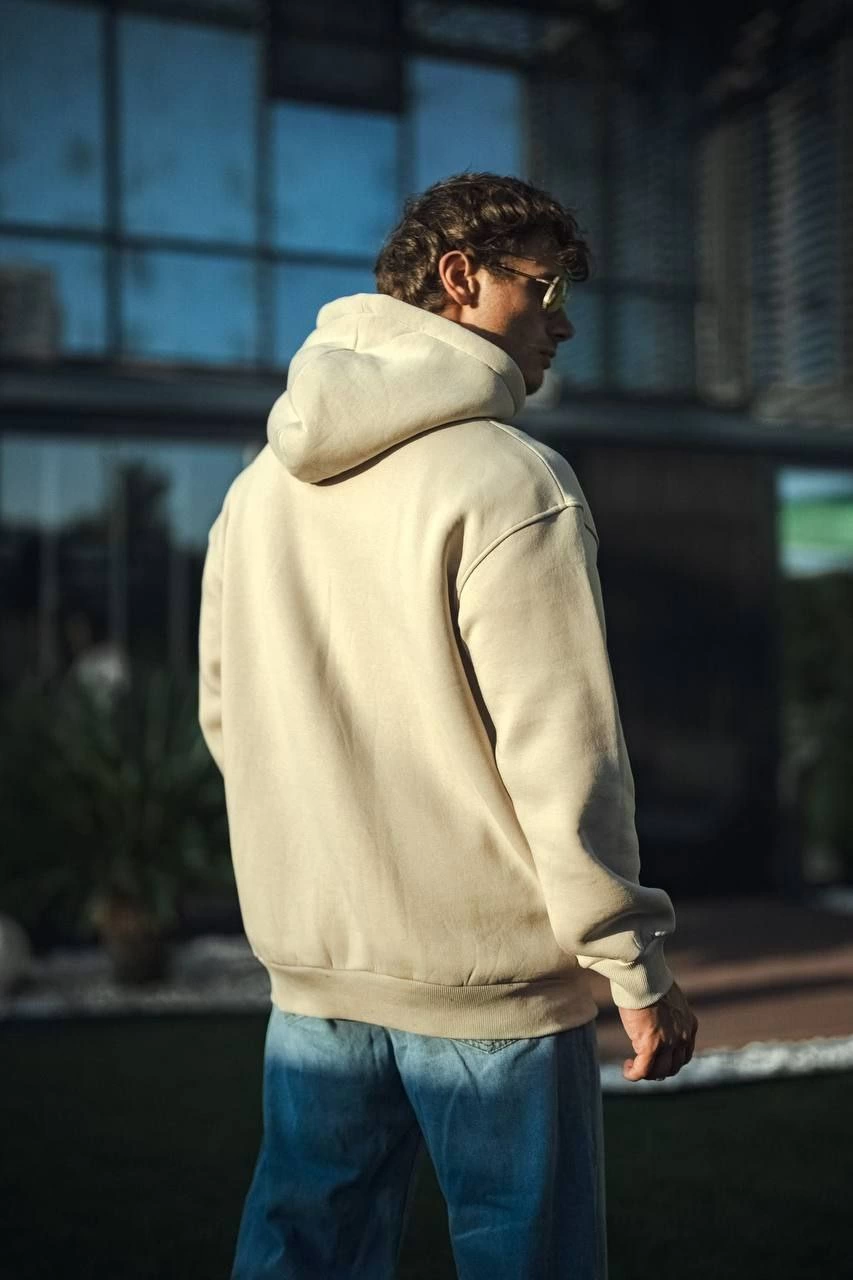Erkek Üç İplik Penye Kapşonlu Basic SweatShirt - Bej