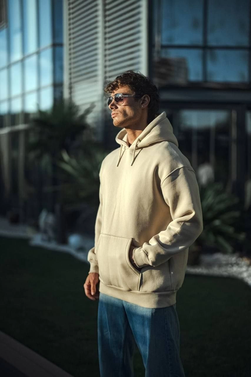 Üç İplik Penye kapüşonlu SweatShirt - Bej