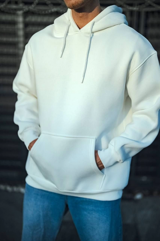 Erkek Üç İplik Penye Kapşonlu Basic SweatShirt - Beyaz