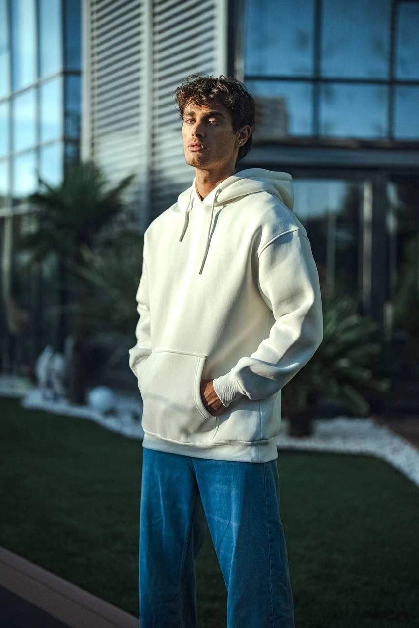 Erkek Üç İplik Penye Kapşonlu Basic SweatShirt - Beyaz