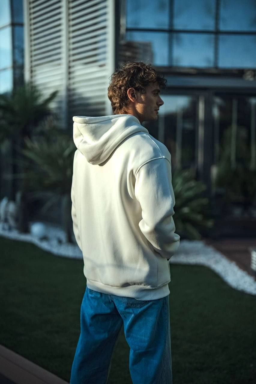 Erkek Üç İplik Penye Kapşonlu Basic SweatShirt - Beyaz