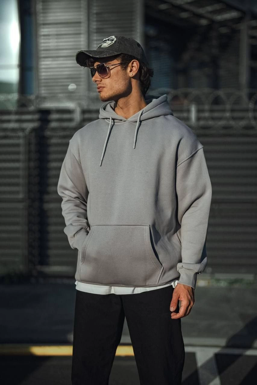 Erkek Üç İplik Penye Kapşonlu Basic SweatShirt - Boyalı Gri