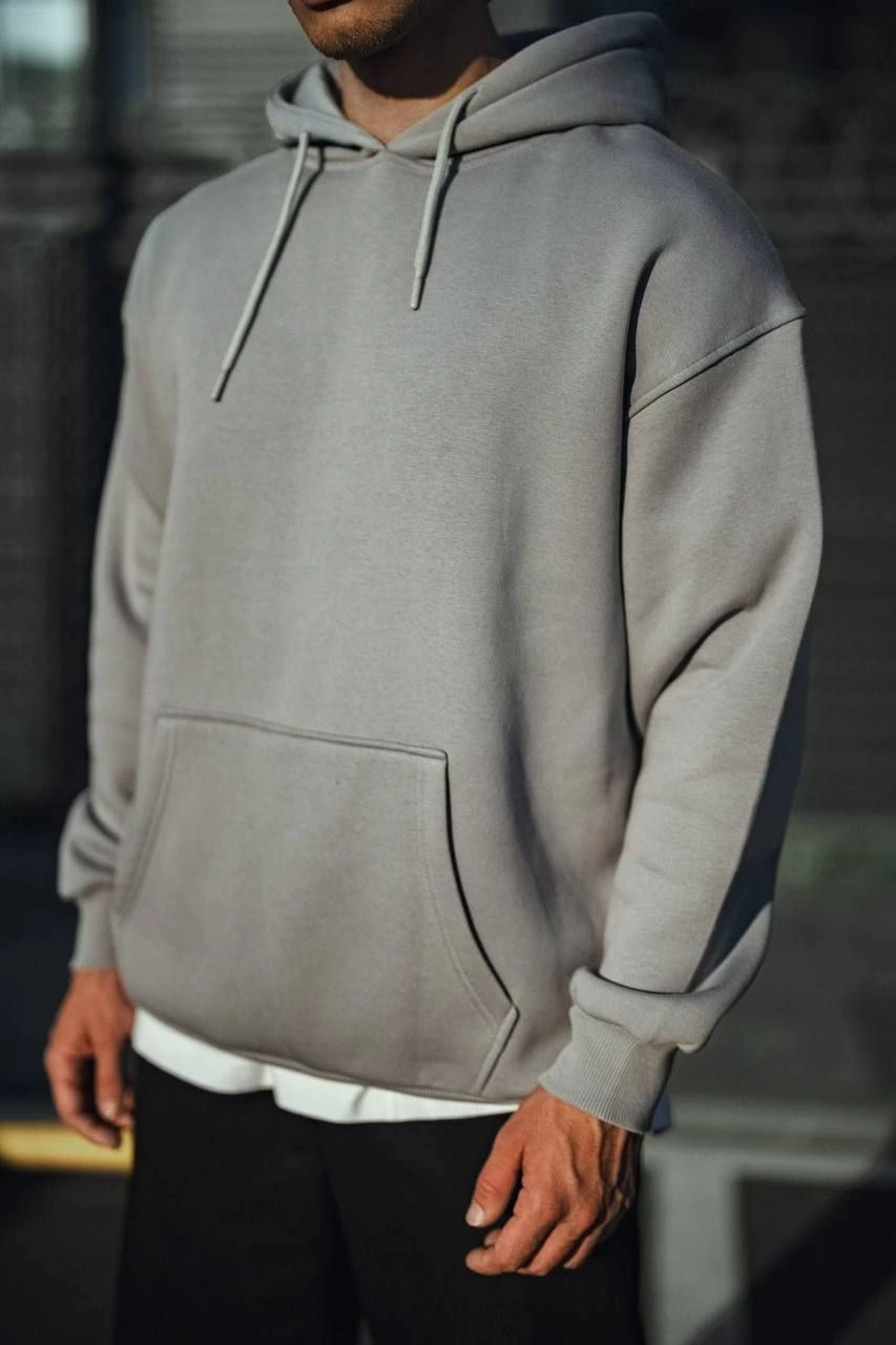 Erkek Üç İplik Penye Kapşonlu Basic SweatShirt - Boyalı Gri
