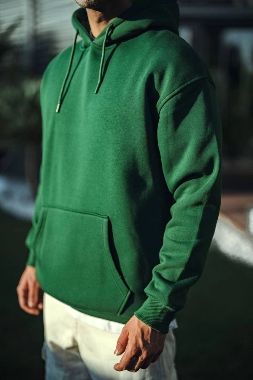 Erkek Üç İplik Penye Kapşonlu Basic SweatShirt - Haki