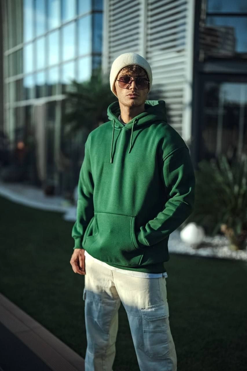 Erkek Üç İplik Penye Kapşonlu Basic SweatShirt - Haki