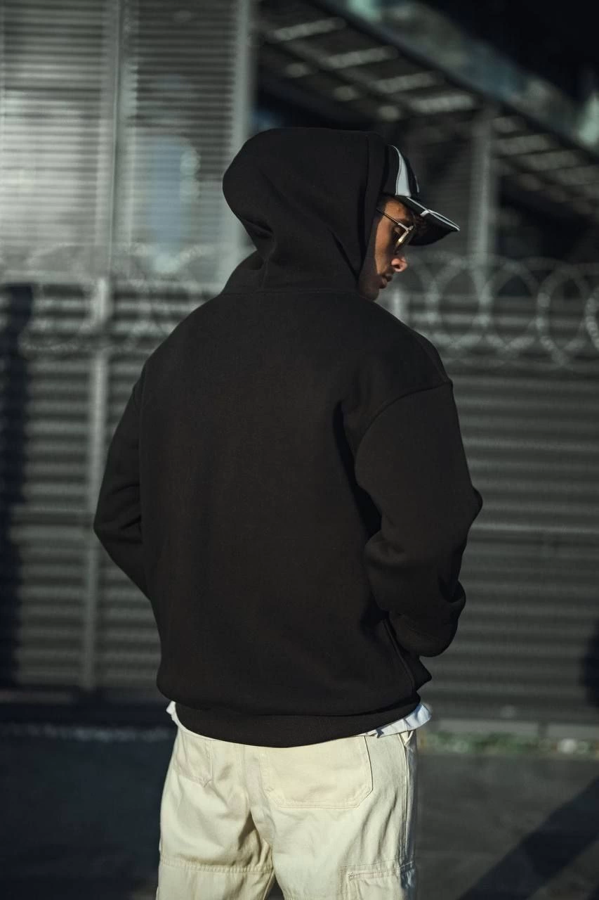 Erkek Üç İplik Penye Kapşonlu Basic SweatShirt - Siyah