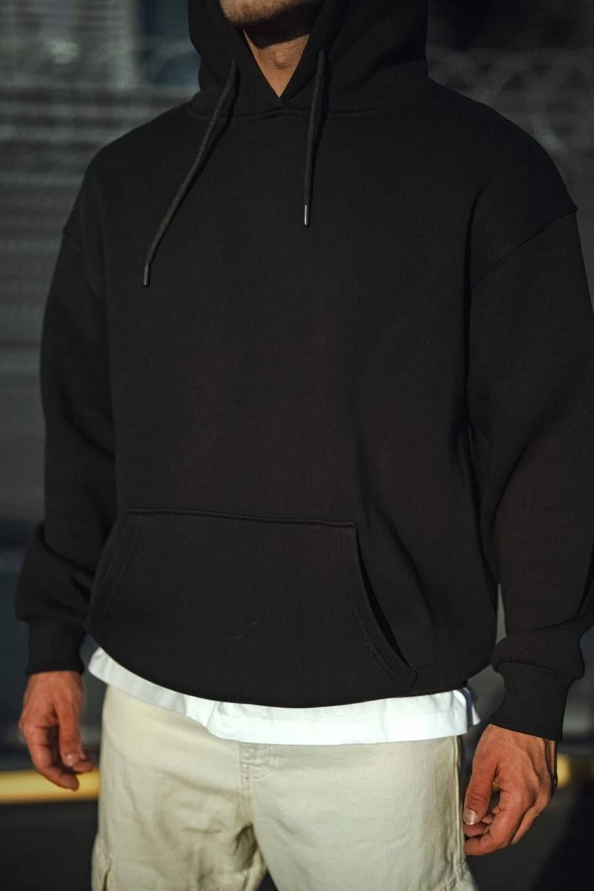 Erkek Üç İplik Penye Kapşonlu Basic SweatShirt - Siyah