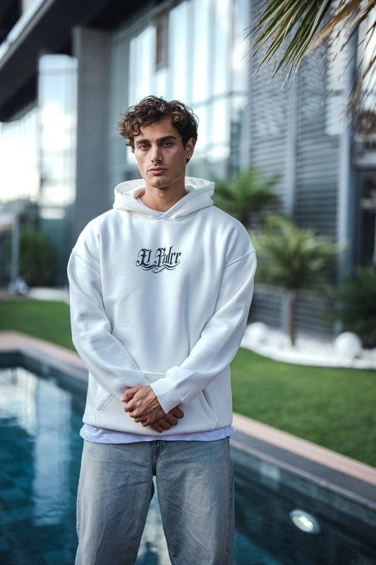 Erkek Üç İplik Penye Kapşonlu Baskılı SweatShirt - Beyaz