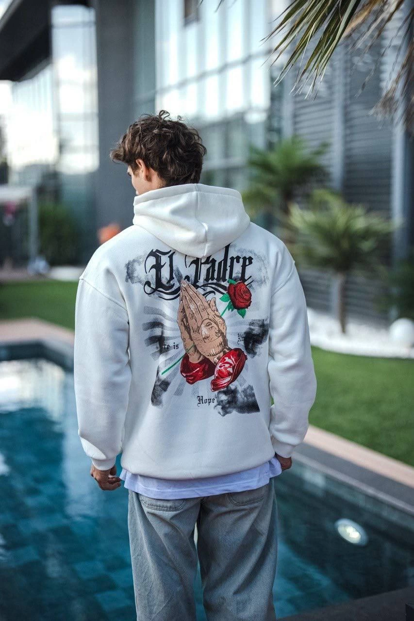 Erkek Üç İplik Penye Kapşonlu Baskılı SweatShirt - Beyaz