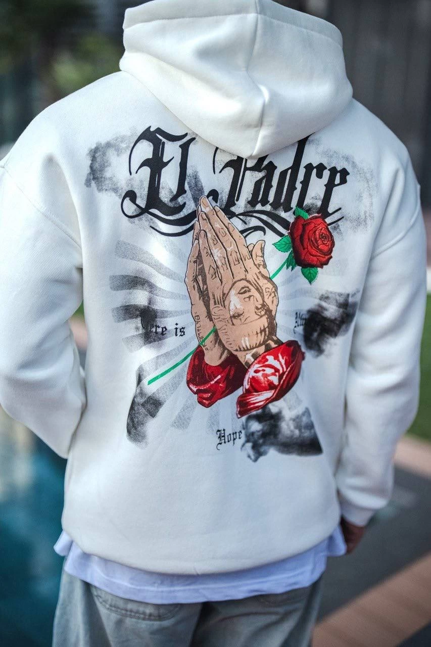 Erkek Üç İplik Penye Kapşonlu Baskılı SweatShirt - Beyaz